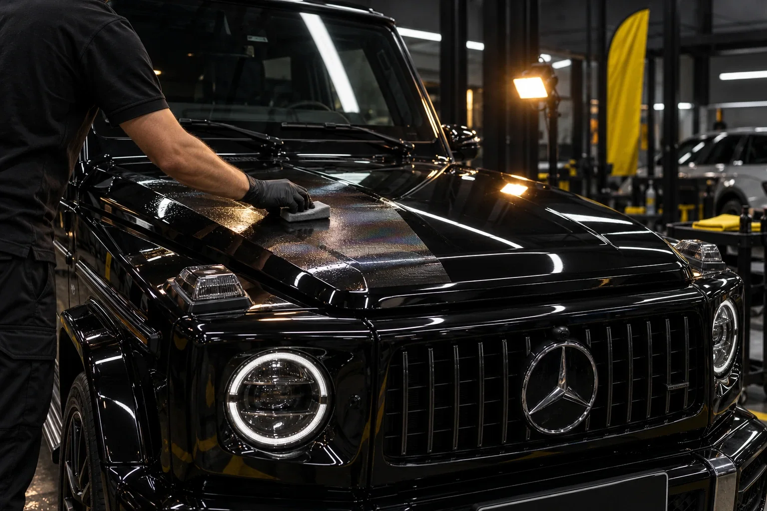 A gloved hand wiping ceramic coating onto the bonnet of a black G-Class with an applicator block