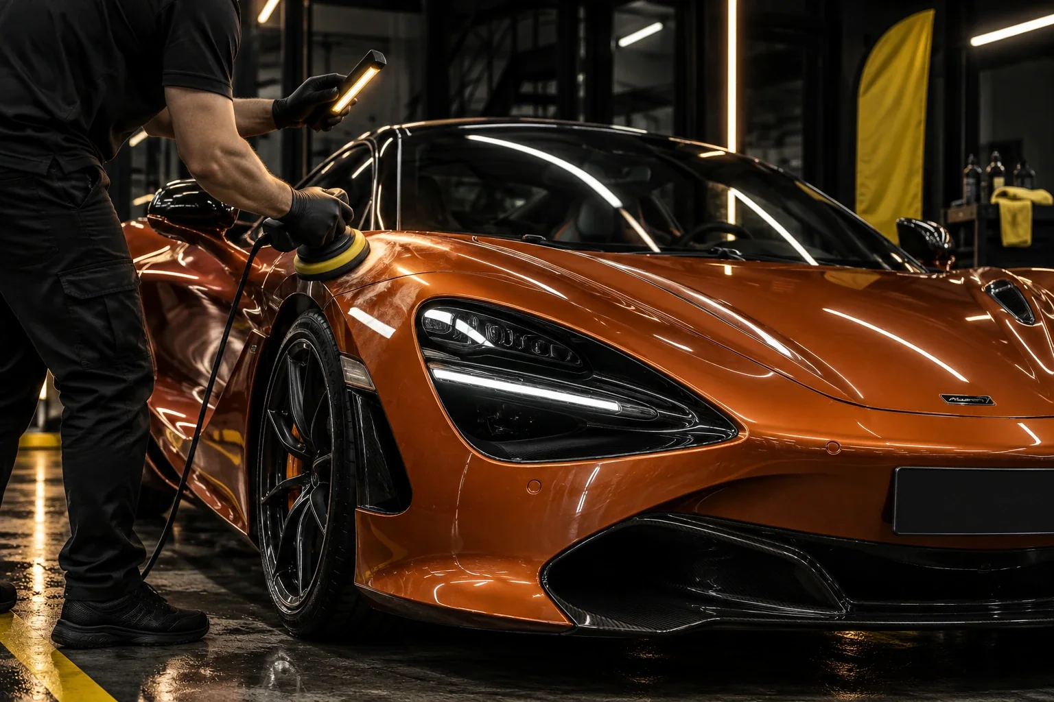 A technician polishing the front wing of a papaya-orange McLaren 720S, an inspection torch in his other hand