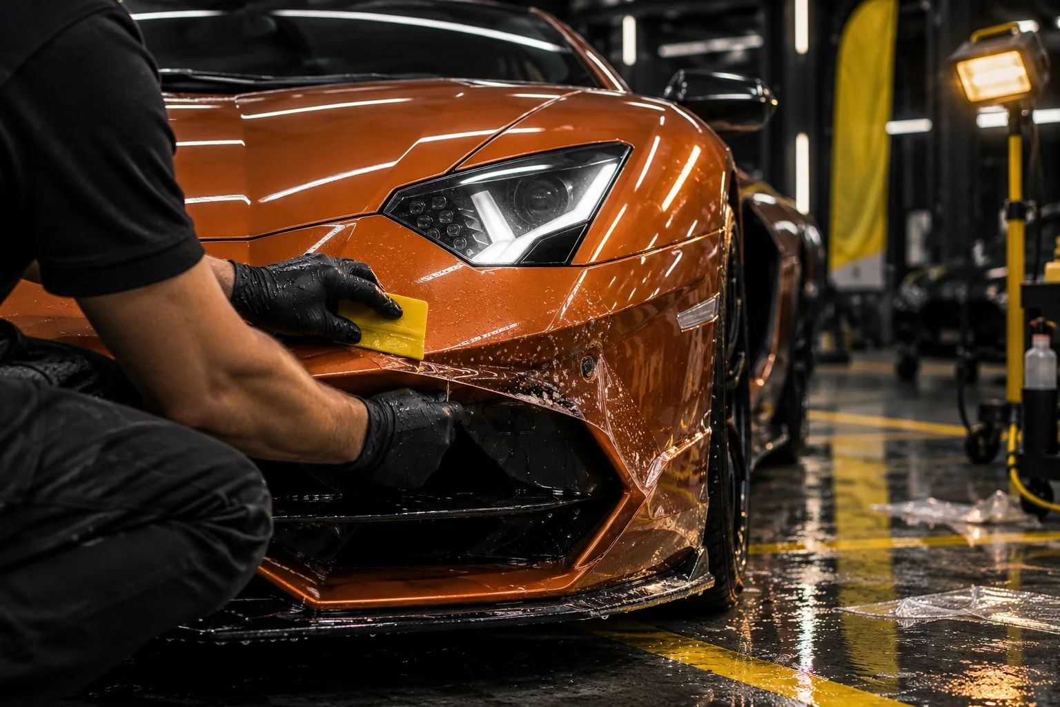 A yellow squeegee pressing the last slip solution out from under clear film on an orange bumper
