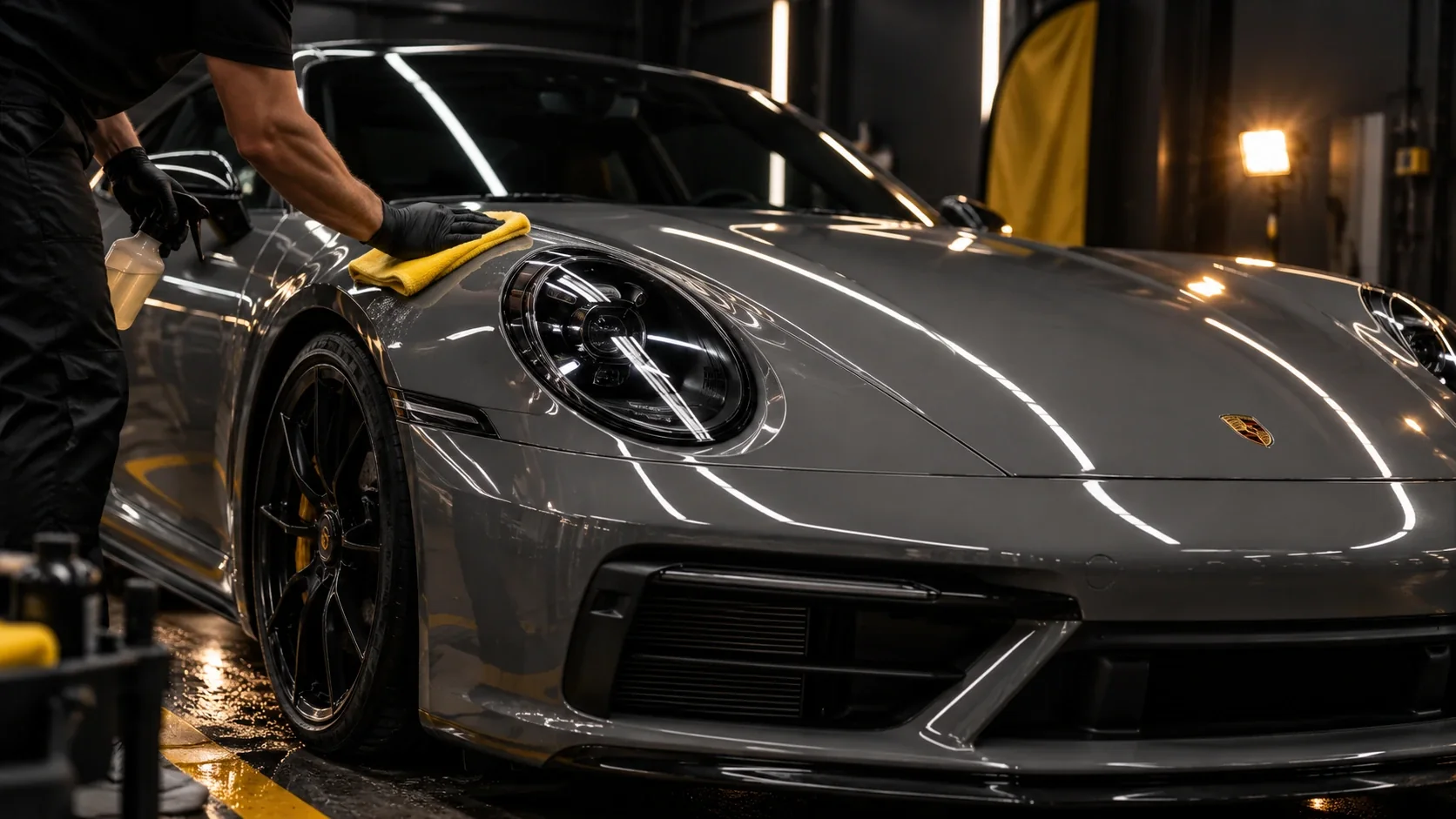 A grey Porsche 911 with a clear, high-gloss protective layer, the strip lights mirrored sharply