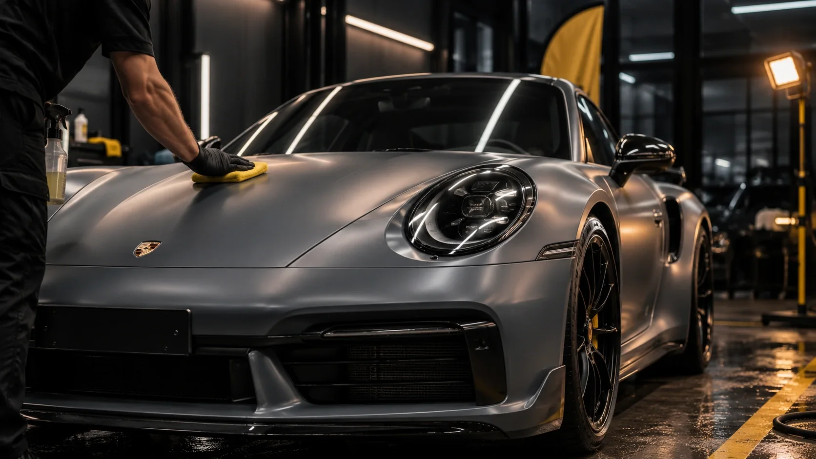A grey Porsche 911 with a satin-matte protective layer, the light spread softly