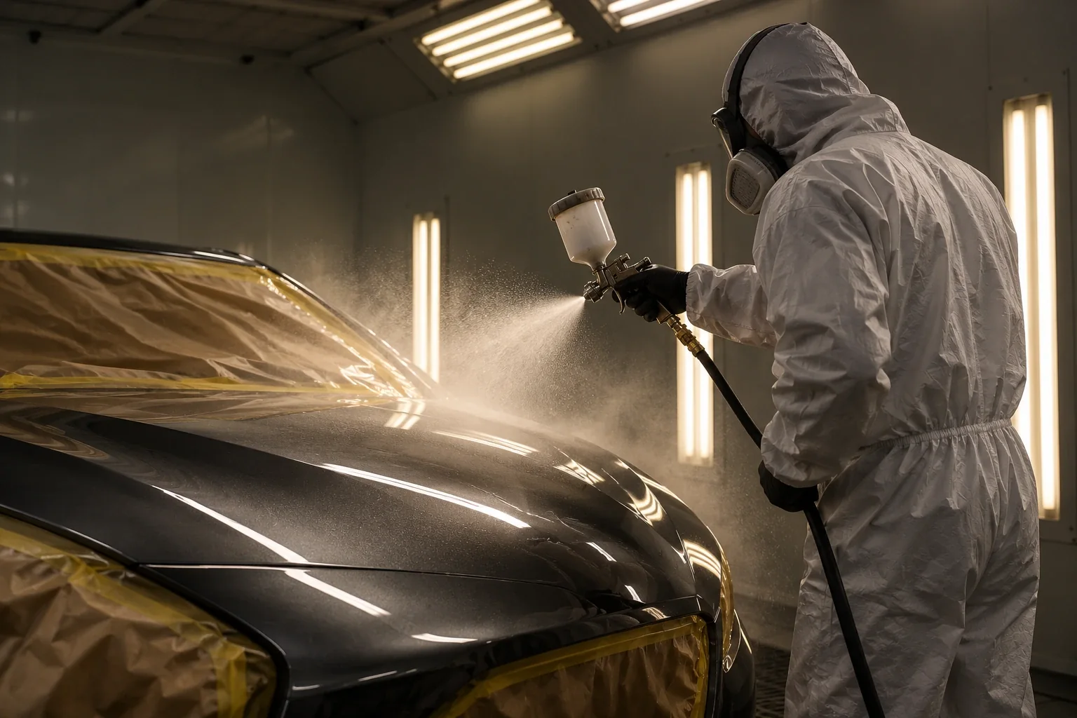 A painter in a white coverall spraying a clear protective coat over a bonnet in the booth