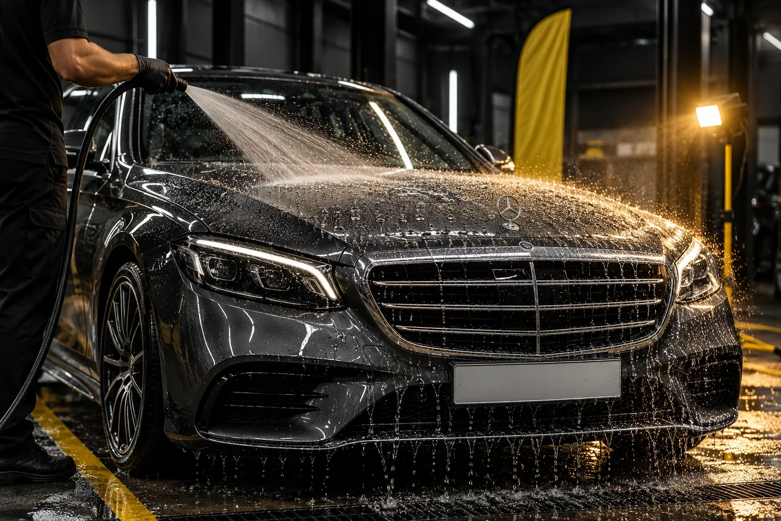 Water sheeting and beading off the coated bonnet of a grey Mercedes S-Class in the wash bay