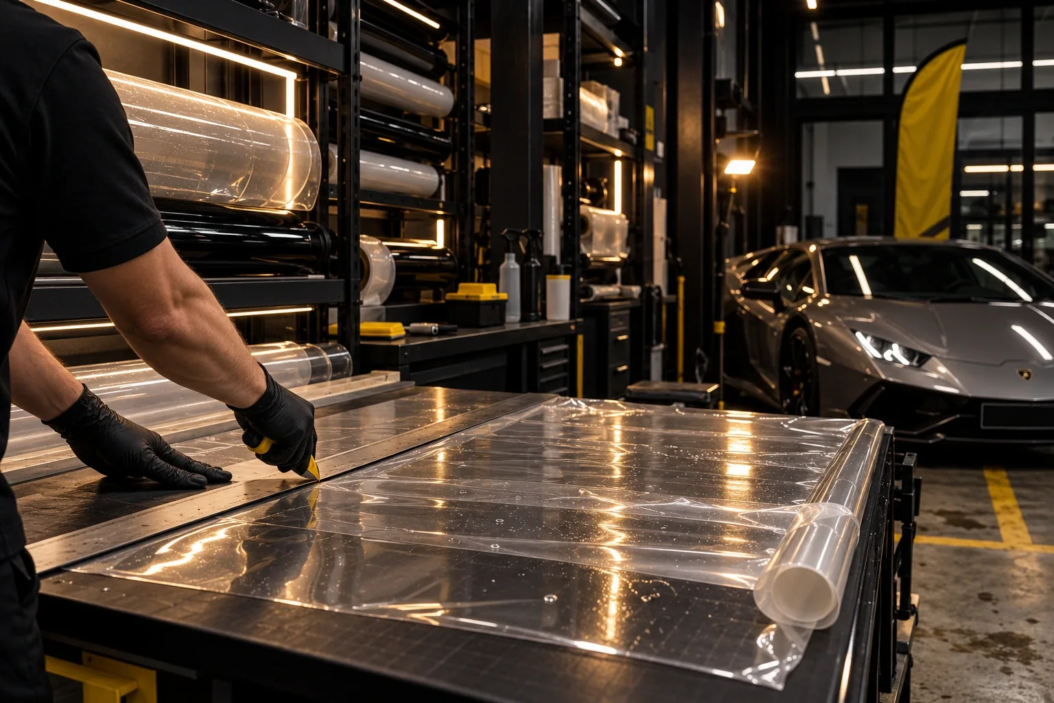 Rolls of window film and paint protection film on black shelving, gloved hands cutting a clear sheet