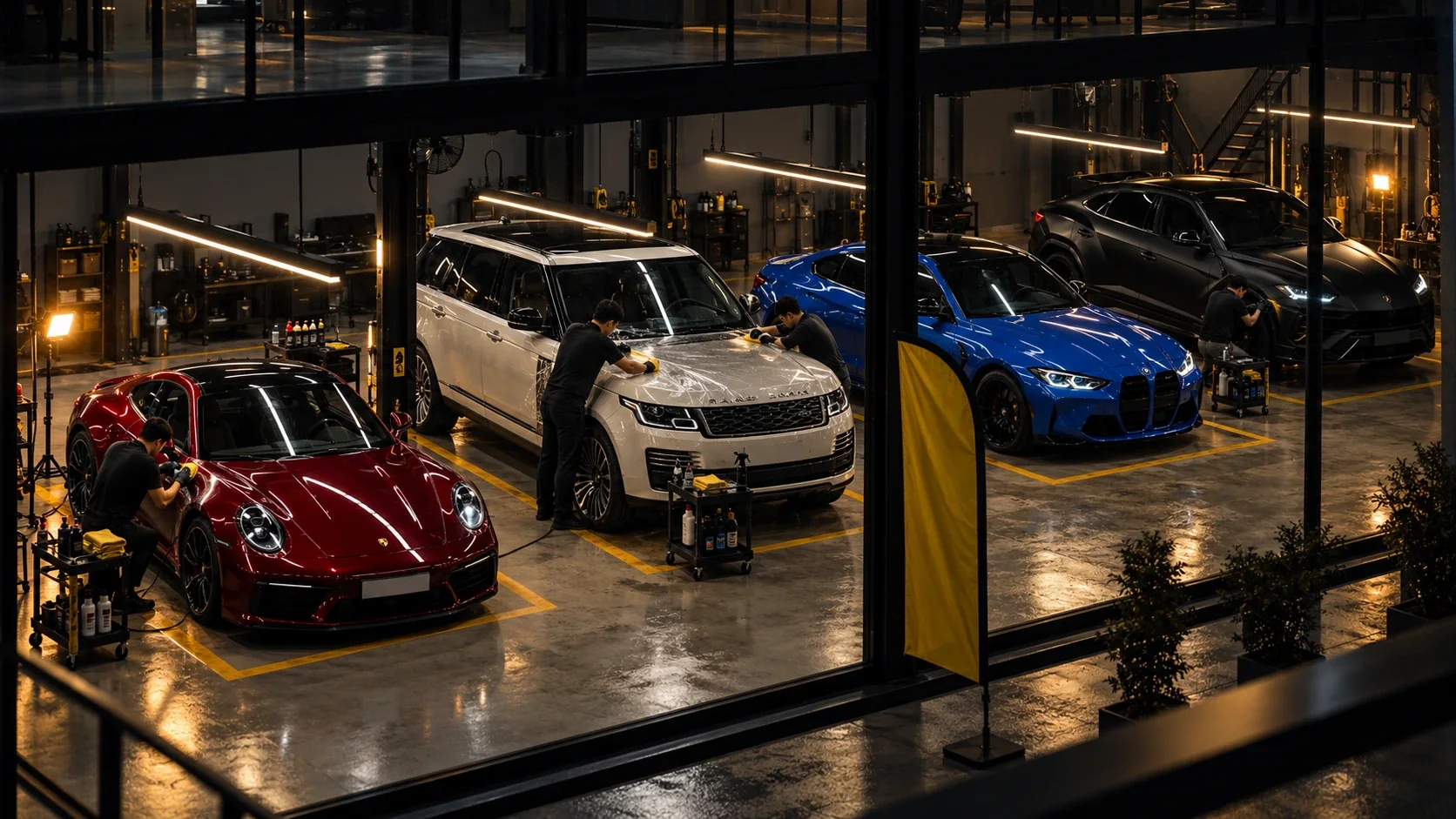 The Dubai workshop at dusk seen from the mezzanine, cars in the marked bays